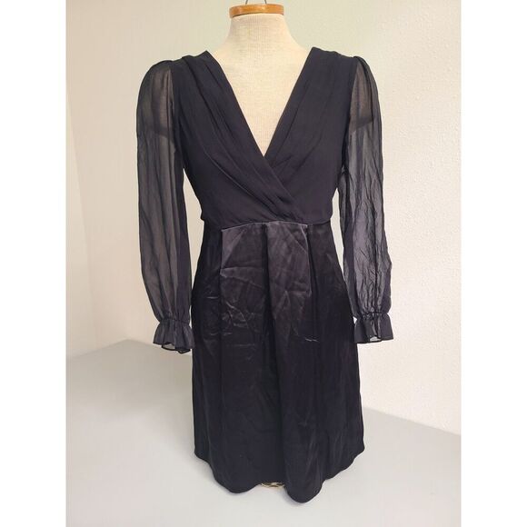 Vtg Betsey Johnson 100% Silk Y2K Black Long Sleeve Mini Dress Sz 4 V Neck Mesh S - Picture 2 of 9